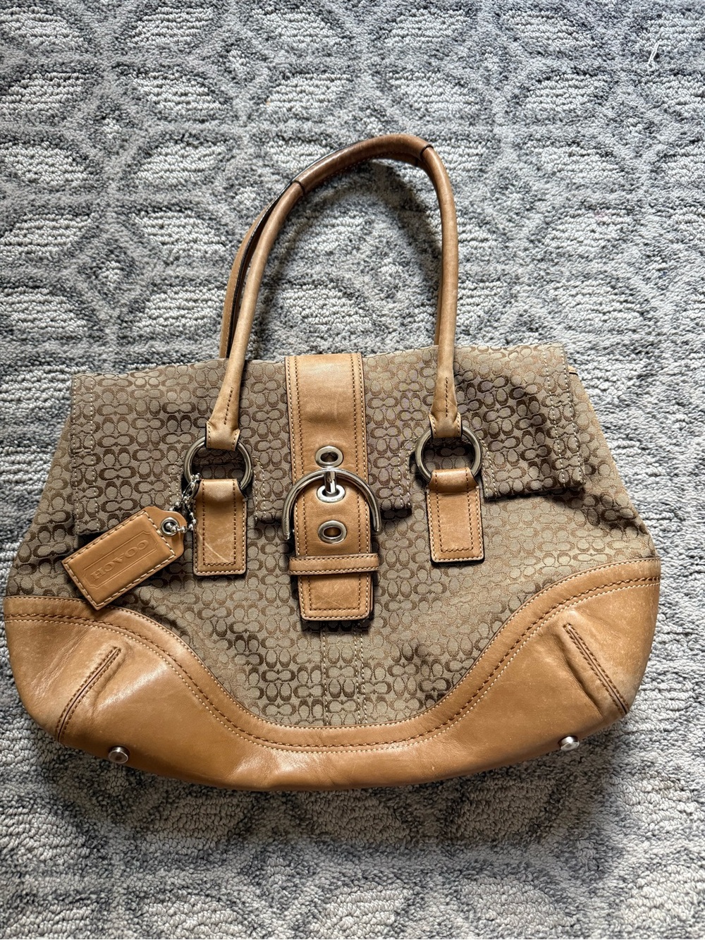 Coach Tan Signature Canvas Tote Bag with Leather Trim